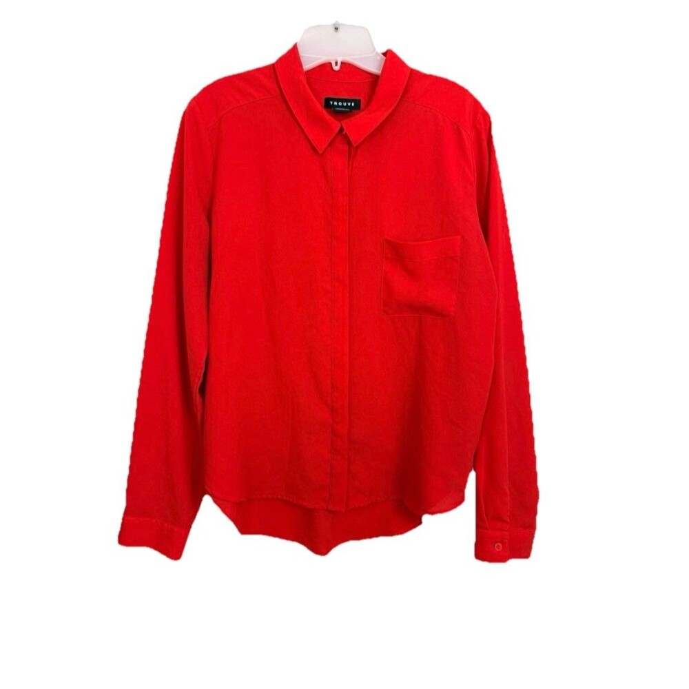 Trouve Button Down Blouse Womens Sz Large Red Poly Long Sleeve Pocket Minimalist